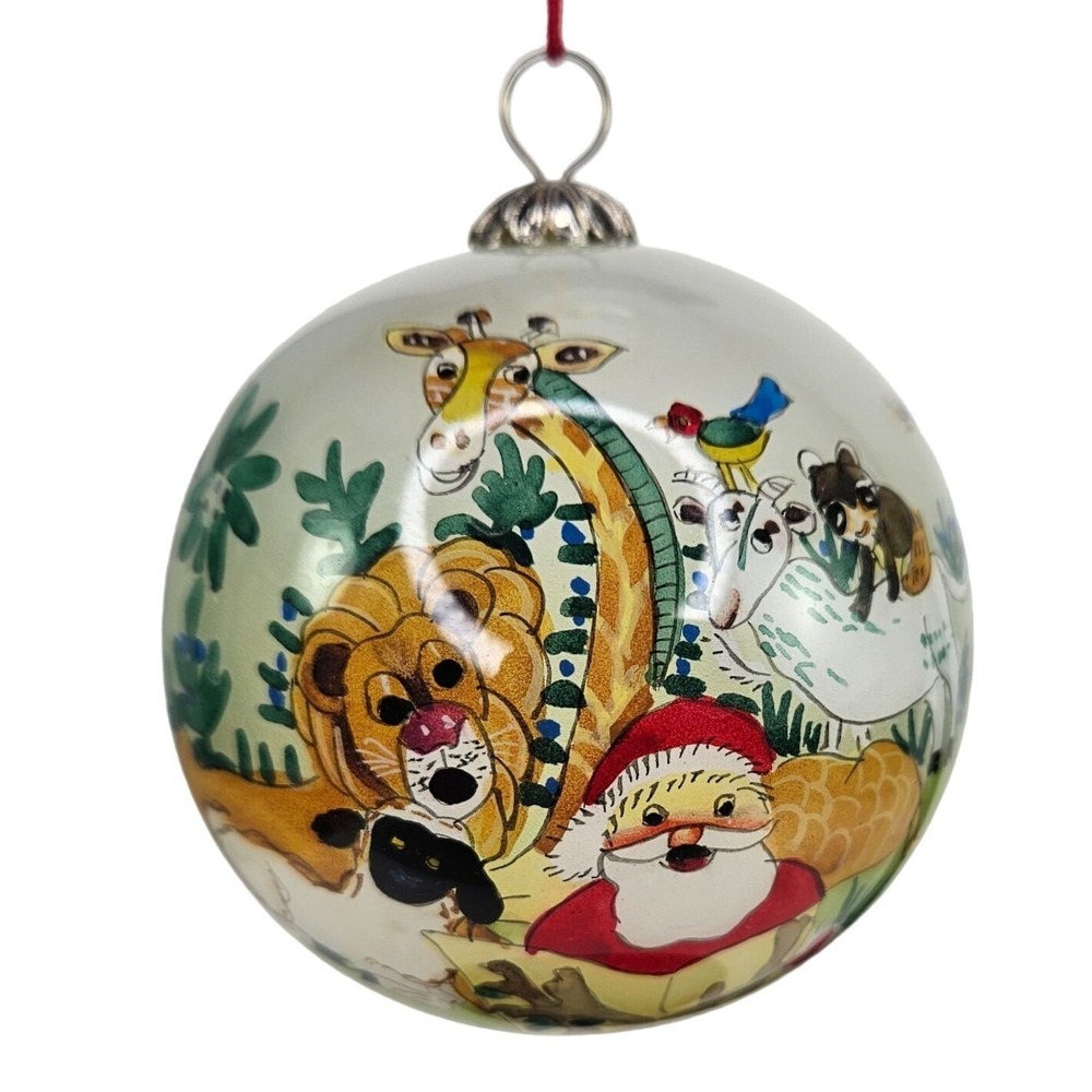Li Bien Santa Claus Wildlife Animals Lion Glass Round Ornament Handpainted Boxed